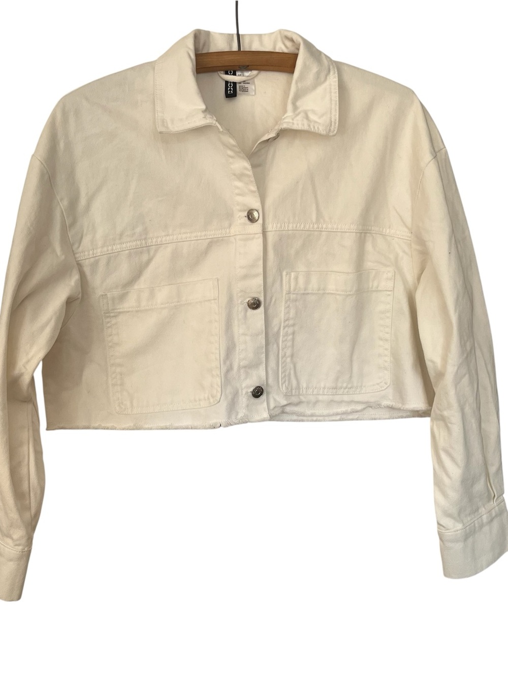 H&M White Cropped Button-Front Frayed Hem Jacket